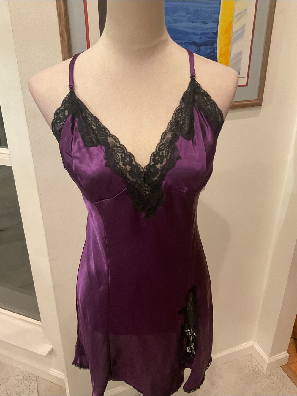 Frederick's of Hollywood Purple Satin Chemise with Black Lace